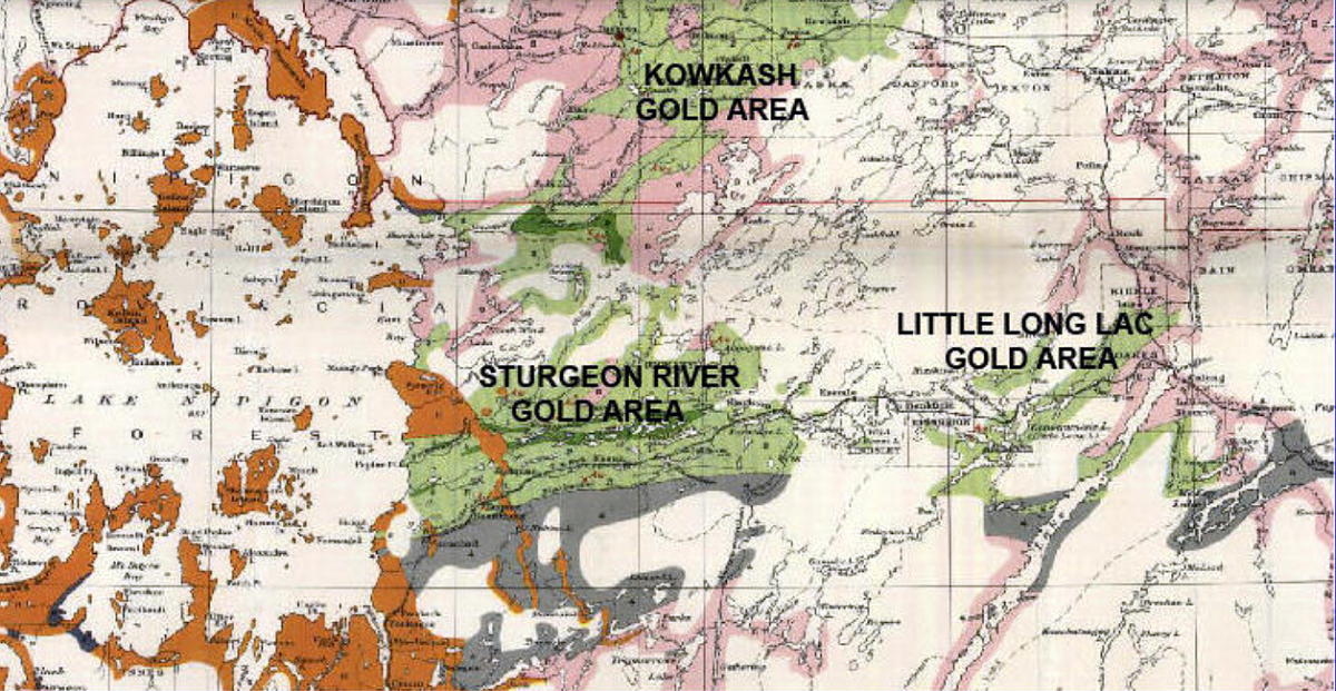 Map of the Little Long Lac, Sturgeon River, & Kowkash Gold Areas in 1935.