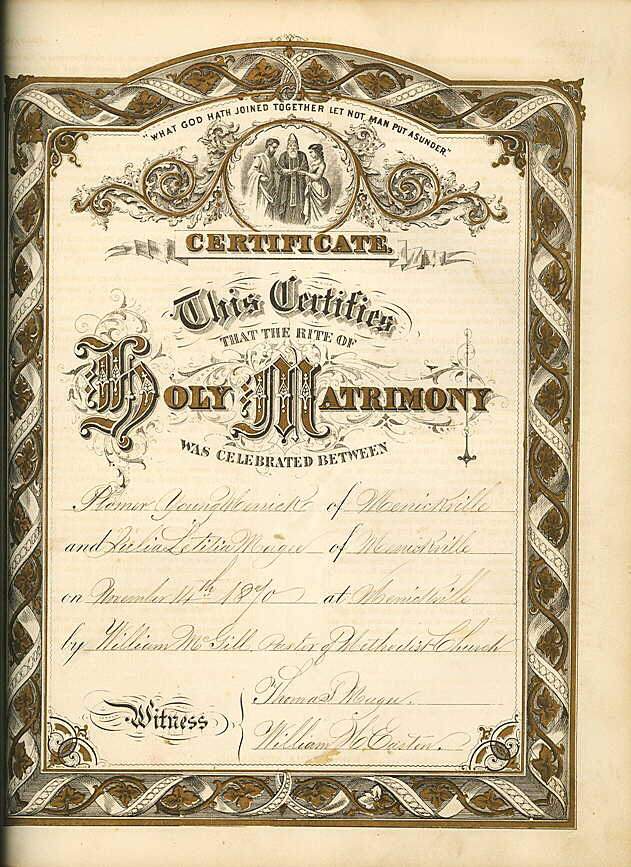 Marriage certificate of Plomer Young Merrick and Julia Letitia Magee