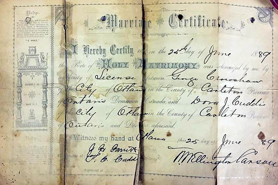 Marriage certificate of George Croshaw & Dora Jane Cuddie, 1889.