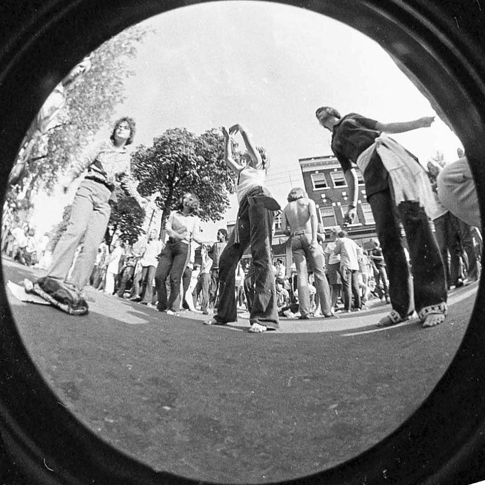 Festival dancers on Baldwin Street, Toronto, 1969.
