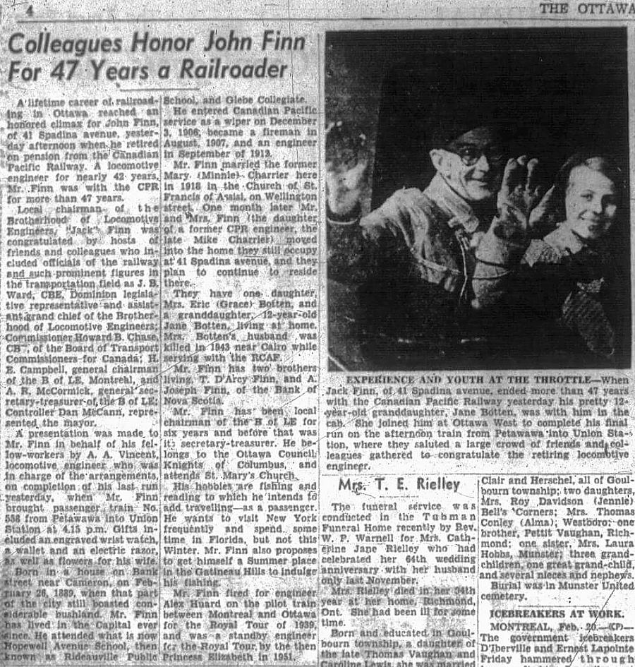 News clipping of John Finn and grand-daughter at Union Station, 1954