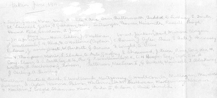 Names of Ashbury College students written on the back of school photograph