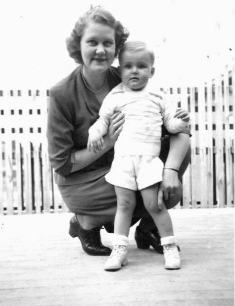 Mum & Bruce on apartment verandah, 1945