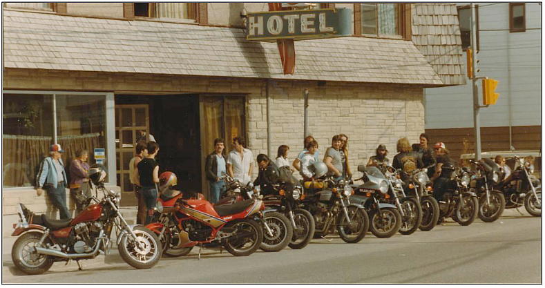 motorcycle gang in front of the Queen's Hotel in Hearst, Ontario