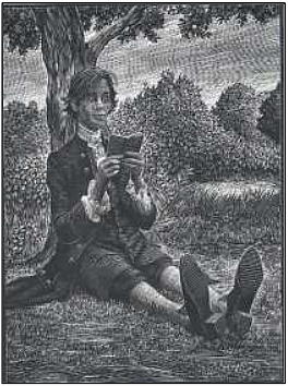 Ichabod Crane reading a book while sitting under a tree