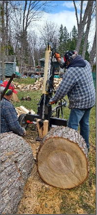 cutting and splitting a maple log