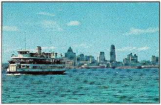 Toronto harbour with ferry boat in foreground