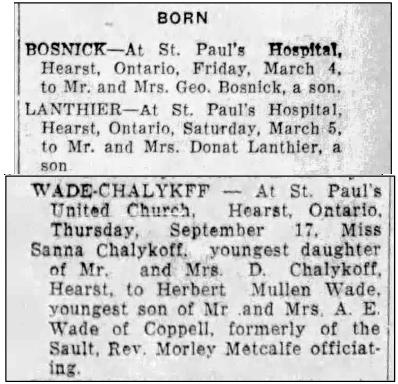 news clippings of Bosnick & Lanthier births and Wade-Chalykoff marriage