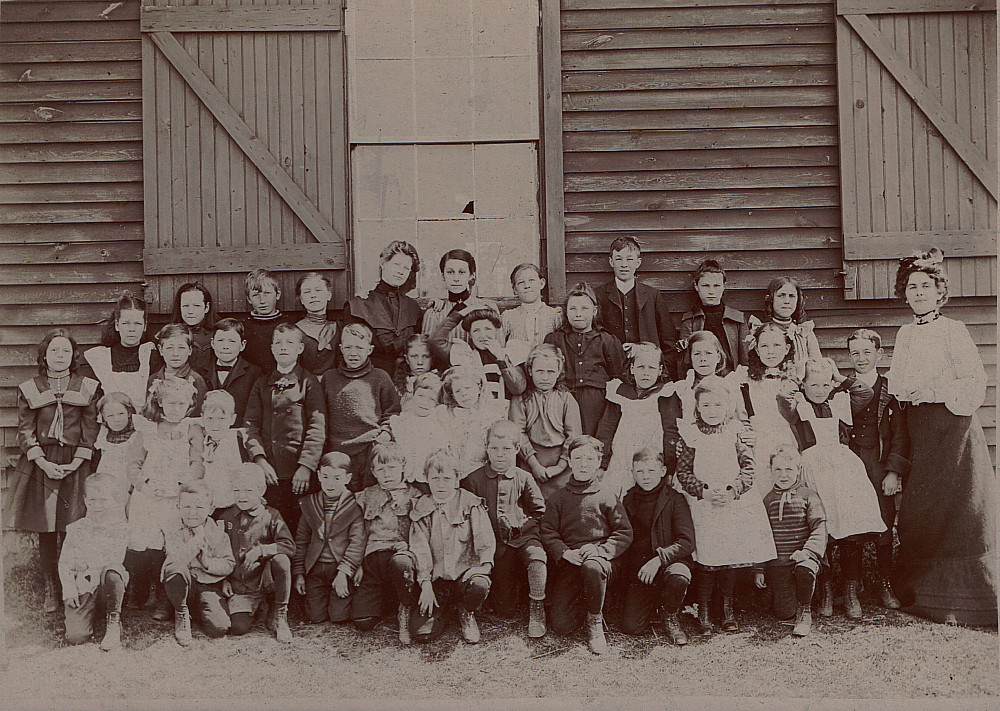 Photograph of a class in front of the school at Elphin, Ontario, about 1890.