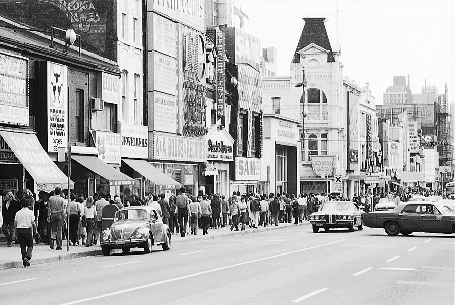 People on Yonge Street, Toronto, 1971.