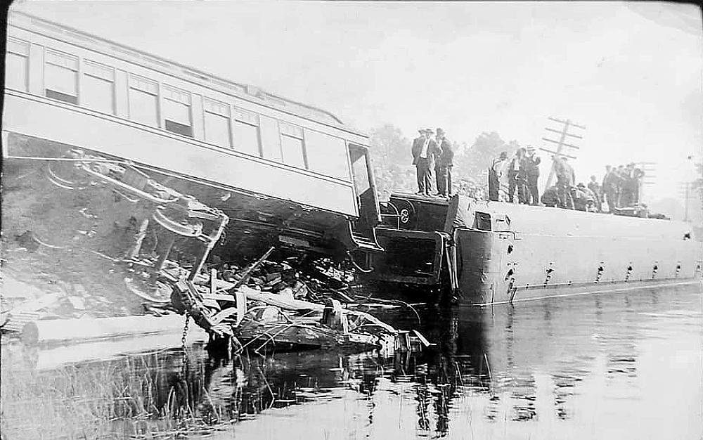 Postcard of train derailment at McKellar, Ottawa, June, 1913.